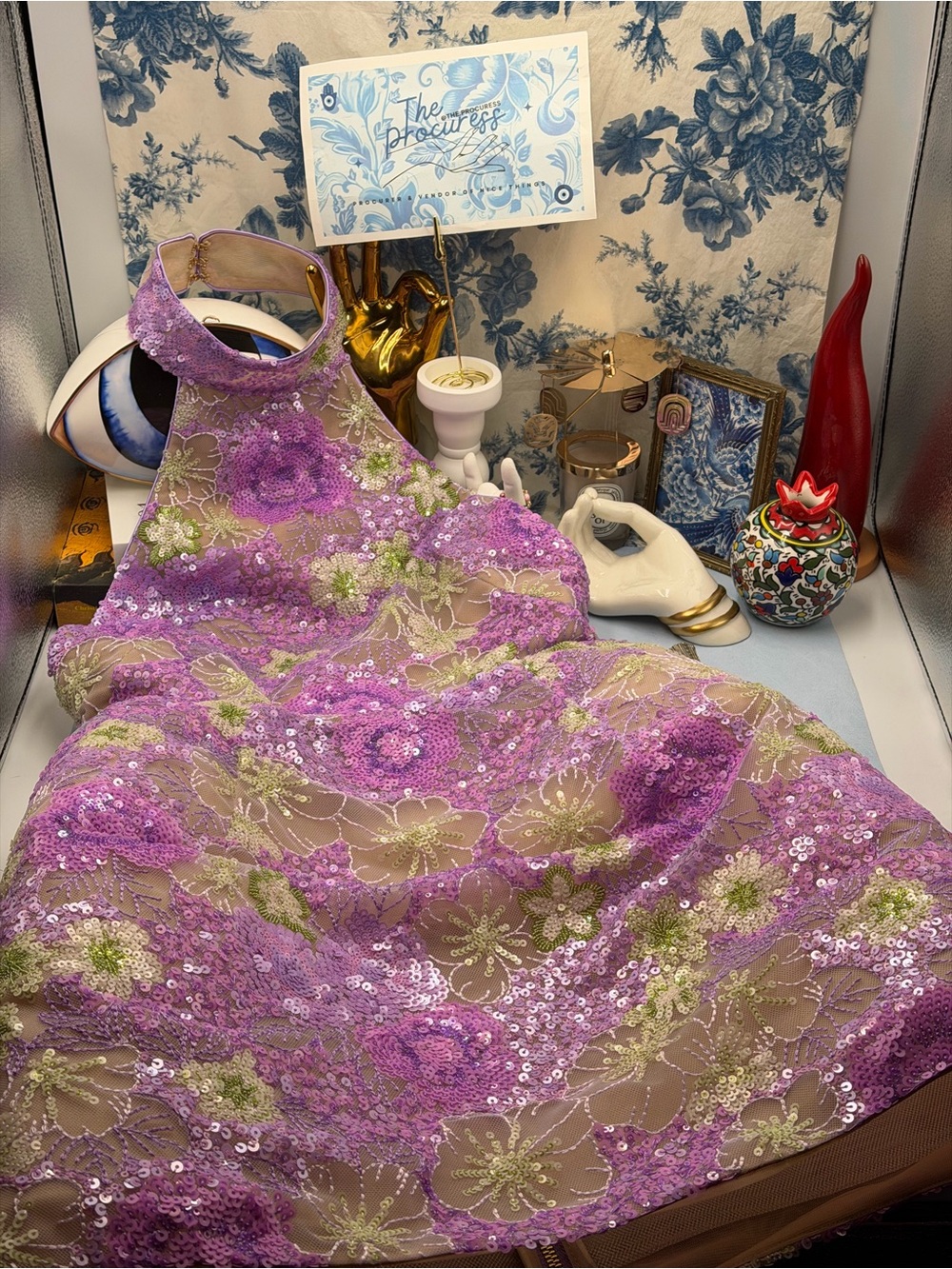 🆕 BRONX & BANCO 🧿 NWOT Deidre Floral Sequin Halter Mini Dress, Lilac Sz S US 4 - Picture 14 of 16